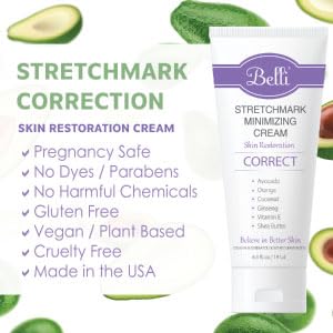 Belli Skincare Stretch Mark Cream for Pregnancy, Shea Butter & Coconut Body Moisturizer with Vitamin E, Paraben Free, Dermatologist Recommended, (6.5 Oz)