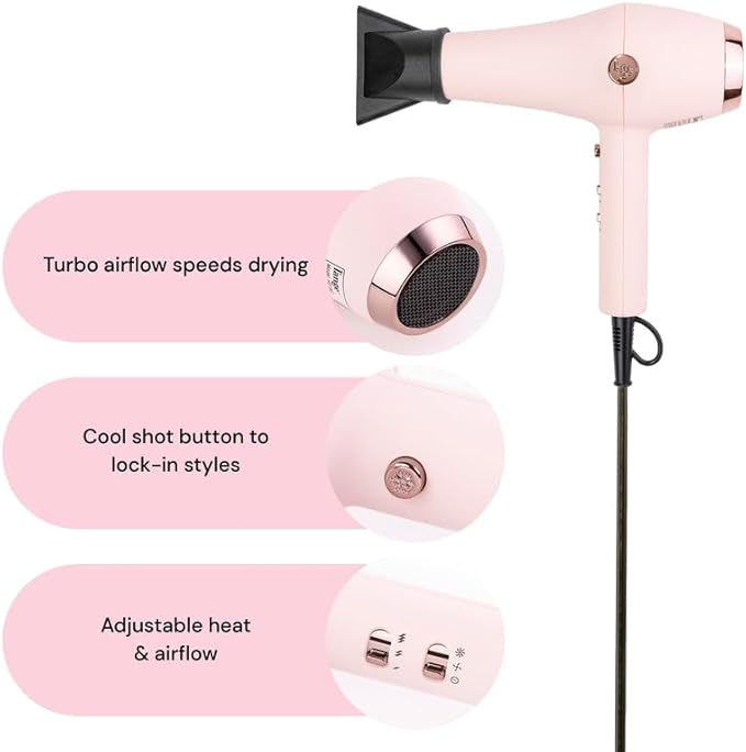 L'ANGE HAIR Soleil Professional Hair Dryer | 3 Heat Settings & 2 Airflow Settings | Cool Shot Locks-in Style | Professional Length Cord | Best Lightweight Hair for Smooth Blowouts (Blush)