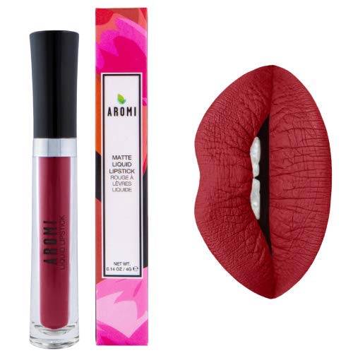 Aromi Matte Liquid Lipstick | Long-Lasting, Dark Red, Maroon Lip Color with Blue Undertones, Smudge Proof, Waterproof, Vegan Makeup (Power Red)