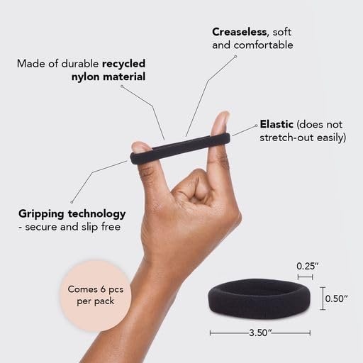 Kitsch Black Hair Ties No Damage - Strong, Stretchy Hair Bands | Soft Nylon Ponytail Holders, Snag-Free Rubber Bands, Perfect for Updos & Braids | Ideal Gifts for Women - Black, 6pcs