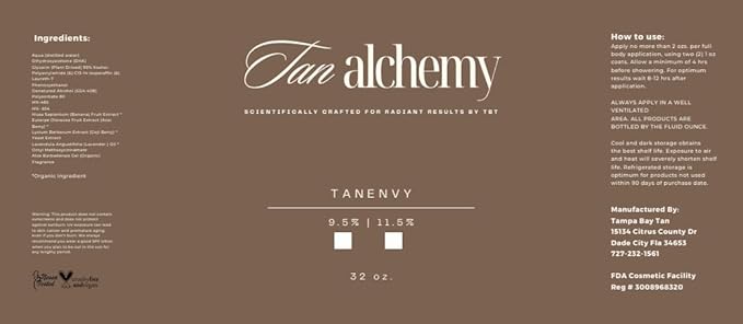 Tan Alchemy, Tan Envy European Blend 9.5% Med DHA Sunless Airbrush Spray Tanning Solution 32oz
