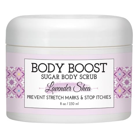 Body Boost Lavender Shea Raw Sugar Scrub 8 oz- Help Treat Dry Skin Stretch Marks and Scars- Pregnancy and Nursing Safe- Allergen Free- Vegan