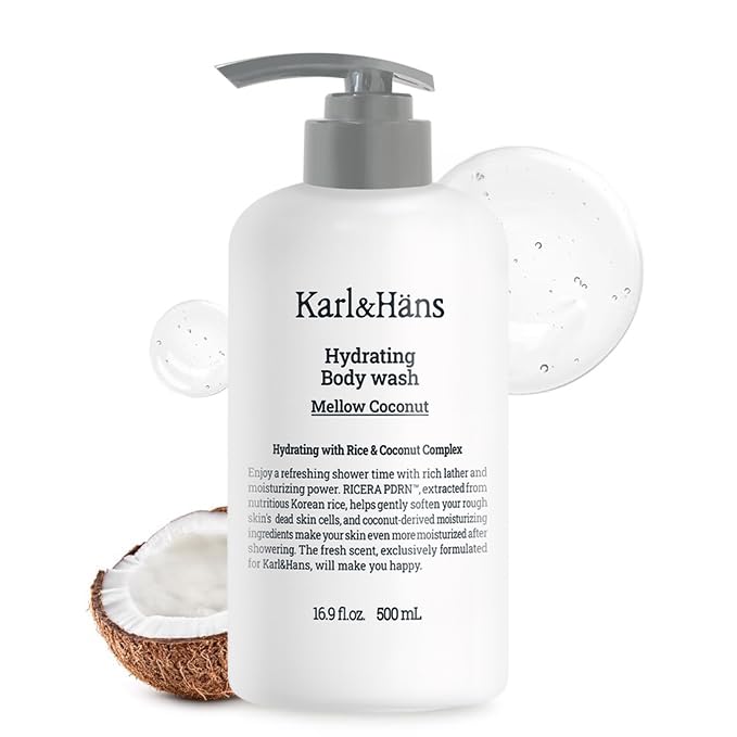 Karl&Hans Hydrating Body Wash – Refreshing Cleanser with Coconut-Derived Moisturizers, RICERA PDRN & Ceramide Complex, Pump Dispenser for Daily Ease (Mellow Coconut)