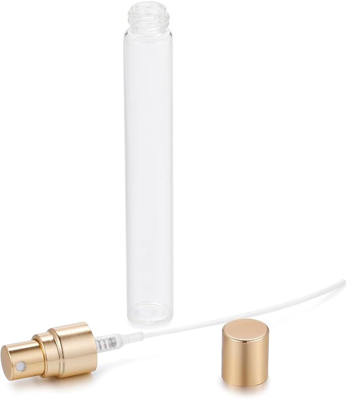 20Pcs 10ml Empty Clear Glass Mist Spray Bottle Refillable Mini Perfume Atomizer Travel Sample Bottle with Golden Aluminized Nozzle Makeup Container for Perfume (10ml Gold Caps)