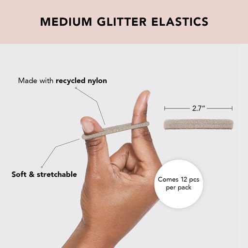 Kitsch Hair Ties No Damage - Strong, Stretchy Hair Bands | Soft Nylon with Glitter Ponytail Holders, Snag-Free Rubber Bands, Perfect for Updos & Braids | Ideal Gifts for Women - Neutral, 12pcs