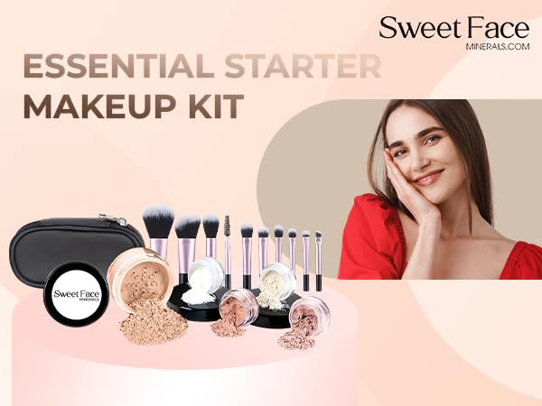 16pc Beginner Mineral Makeup STARTER KIT with 10 BRUSHES(5gm)Sample Size Foundation, Primer, Blush, Bronzer, Setting Powder for Learning, Occasional Use,First Time Users, Travel Size Kit(Pink Bisque)