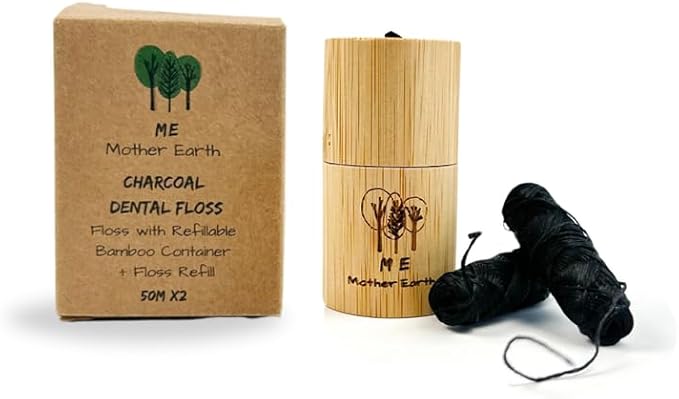 Vegan Biodegradable Bamboo Charcoal Dental Floss with Refillable Bamboo Container | Free Refill | Natural Candelilla Wax | 30M x2 | Peppermint Essential Oil | Eco Friendly Zero Waste Oral Care