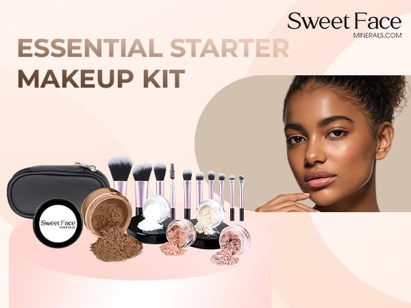 16pc Beginner Mineral Makeup STARTER KIT with 10 BRUSH SET (5gm)Sample Size Foundation, Primer, Blush, Bronzer, Setting Powder for Learning, Occasional Use & First Time Users, Travel Size Kit (Cocoa)