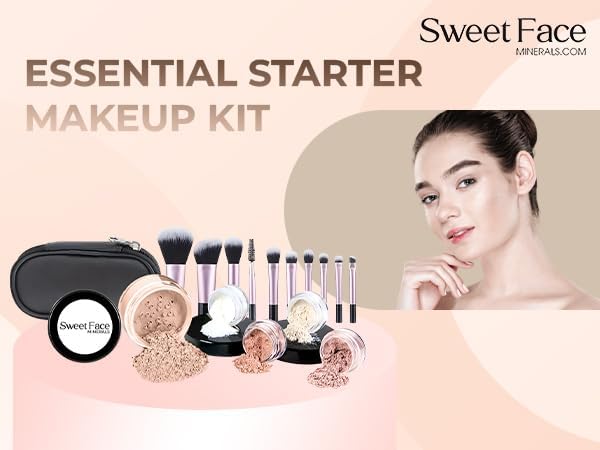 16pc Beginner Mineral Makeup STARTER KIT with 10 BRUSH SET (5gm)Sample Size Foundation, Primer, Blush, Bronzer, Setting Powder for Learning, Occasional Use & First Time Users, Travel Size Kit (Fair 2)