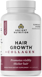 Ancient Nutrition Hair Growth + Collagen Supplement, Hydrolyzed Collagen Peptides, Clinically Studied Superfoods for Hair Growth Support, Thicker, Fuller Hair and Radiant Skin, 60 Count