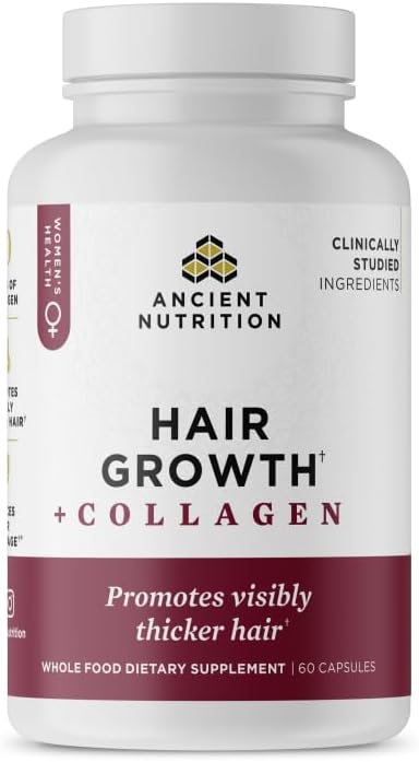 Ancient Nutrition Hair Growth + Collagen Supplement, Hydrolyzed Collagen Peptides, Clinically Studied Superfoods for Hair Growth Support, Thicker, Fuller Hair and Radiant Skin, 60 Count