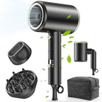 Hair Dryer, 150000RPM Ionic Blow Dryer - Fast Drying, Low Noise, Foldable Portable with Diffuser and Nozzle, Compact Mini for Women and Men, Home and Travel - Black