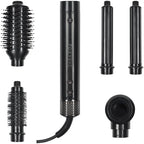 FoxyBae Super Styler Pro Interchangeable Hair Styler Wand Curling Iron Set - w/Drying Cylinder, Ceramic Blowout & Round Brushes, 2 Auto-Wrap Curlers - Frizz-Free, Smooth Hair (Black Rose-Gold)