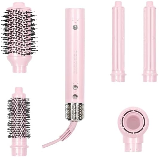 FoxyBae Super Styler Pro Interchangeable Hair Styler Wand Curling Iron Set - w/Drying Cylinder, Ceramic Blowout & Round Brushes, 2 Auto-Wrap Curlers - Frizz-Free, Smooth Hair (Blush)