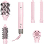 FoxyBae Super Styler Pro Interchangeable Hair Styler Wand Curling Iron Set - w/Drying Cylinder, Ceramic Blowout & Round Brushes, 2 Auto-Wrap Curlers - Frizz-Free, Smooth Hair (Blush)