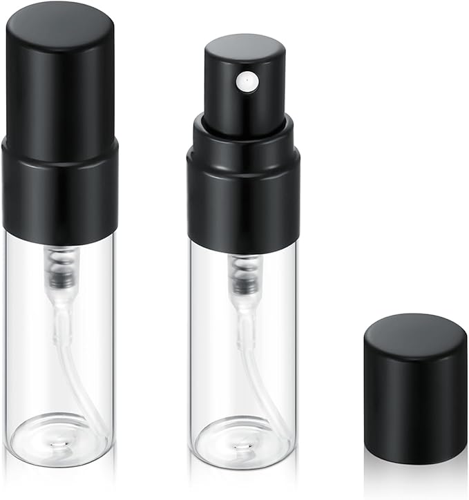 20Pcs 3ml Empty Clear Glass Mist Spray Bottle Refillable Mini Perfume Atomizer Travel Sample Bottle with Black Aluminized Nozzle Makeup Container for Perfume (3ml Black Caps)