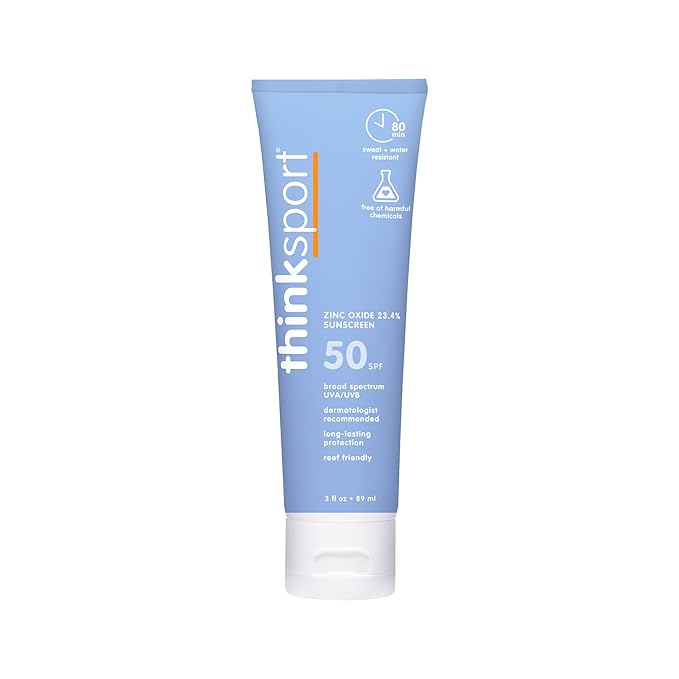 Thinksport SPF 50+ Mineral Sunscreen with Zinc Oxide, 3 Fl Oz - Safe, Natural Sunscreen Lotion for Sports & Active Use, Water Resistant Reef Safe, Broad Spectrum UVA/UVB Sun Screen for Sun Protection