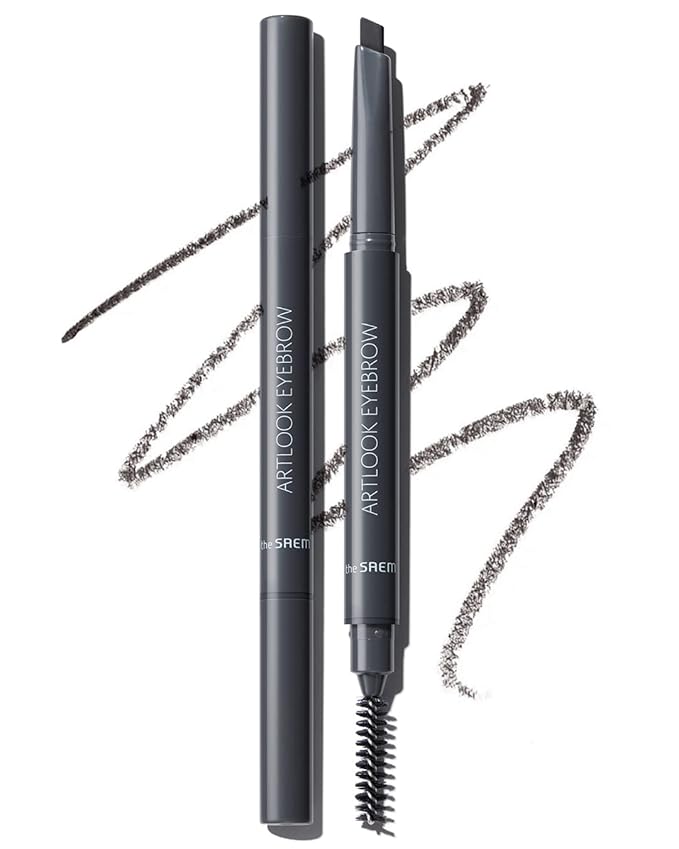 THESAEM Artlook Eyebrow Definer Pencil with Spoolie Brush 04 Black Gray – Long Lasting Eyebrow Makeup for Soft Textured with Vitamin E - Triangular Pencil