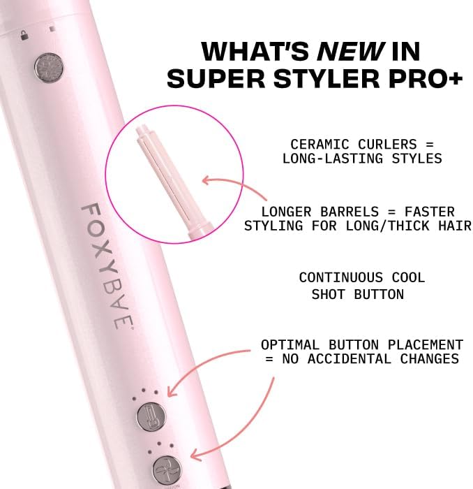 FoxyBae Super Styler Pro Interchangeable Hair Styler Wand Curling Iron Set - w/Drying Cylinder, Ceramic Blowout & Round Brushes, 2 Auto-Wrap Curlers - Frizz-Free, Smooth Hair (Blush)