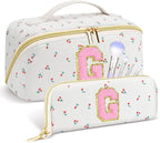 Personalized Travel Makeup Bag Set, Initial Cute Cherry Makeup Organizer Bag, Toiletry Skincare Cosmetic Bag, Valentine’s Day Gifts for Women/Girls, Open Flat Toiletry Pouch with Brush Pocket