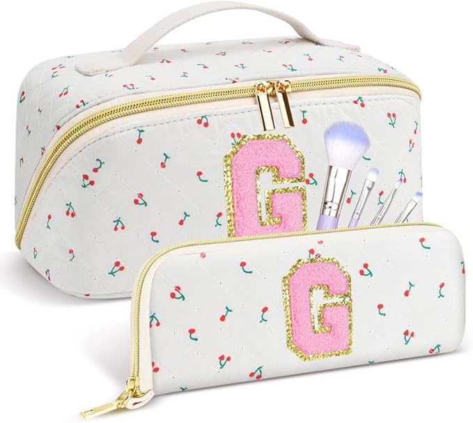 Personalized Travel Makeup Bag Set, Initial Cute Cherry Makeup Organizer Bag, Toiletry Skincare Cosmetic Bag, Valentine’s Day Gifts for Women/Girls, Open Flat Toiletry Pouch with Brush Pocket