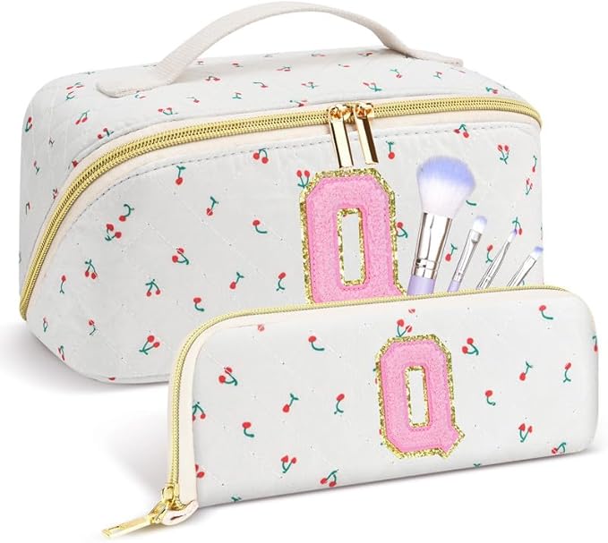 Personalized Travel Makeup Bag Set, Initial Cute Cherry Makeup Organizer Bag, Toiletry Skincare Cosmetic Bag, Valentine’s Day Gifts for Women/Girls, Open Flat Toiletry Pouch with Brush Pocket