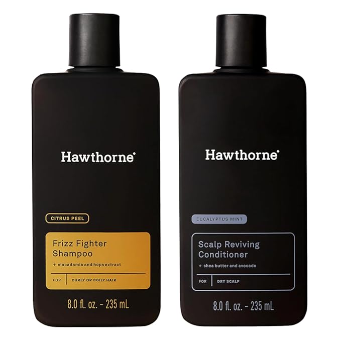 Hawthorne Ultra Nourishing Shampoo and Conditioner Set. Mens Curly Hair Shampoo and Conditioner Set with Frizz Fighter Shampoo and Scalp Reviving Conditioner. Sulfate Free, Paraben Free. 8 fl. oz each