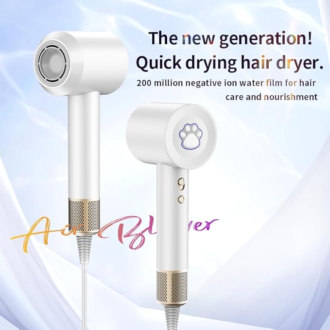 Low Noise Hair Dryer - 110000RPM Brushless High Speed 1600W Blow Dryer for Fast Drying, 200 Million Negative Ions Thermo-Control for Smooth Frizz-Free Hair for Travel & Home Use (White)