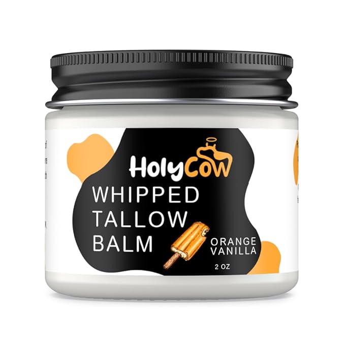 HolyCow Beef Tallow For Skin - Whipped Tallow Balm with Organic Jojoba Oil (Orange Vanilla), Grass Fed Beef Tallow Face Moisturizer for Eczema, Baby, Lip Balm - Lotion For Extremely Dry Skin
