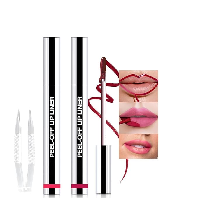 2Pcs Delicate Pink & Pinkish Red Liquid Matte Lip Liner Stain Peel Off with Tweezer, Long Lasting Waterproof Matte Lipstick Lip Gloss Tattoo for Women, Transfer-prof Lip Tint Makeup for All Skin Types