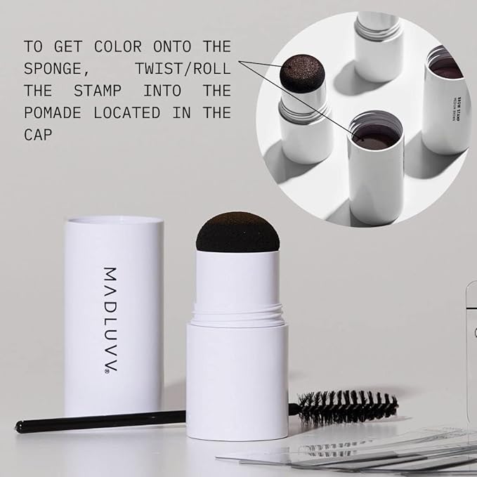 MADLUVV Brow Stamp Kit with Brow Stencils – Easy Eyebrow Shaper for Natural-Looking Brows – Popular Eyebrow Stencil Kit Used by Professionals – 9 Shapes, Spoolie, Travel Bag & Stamp (Soft Brown)