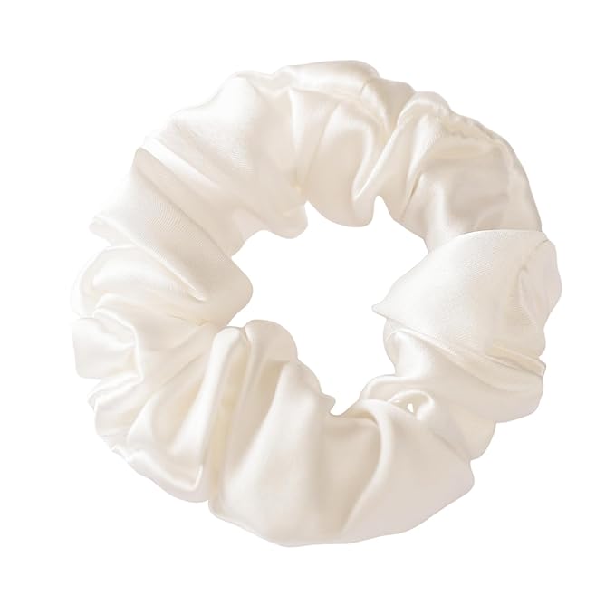 Silk Scrunchies for Women, 100% Mulberry Silk Hair Ties No Damage, Gentle No-Pull Elastic Ponytail Holders, 1Pc (Ivory)