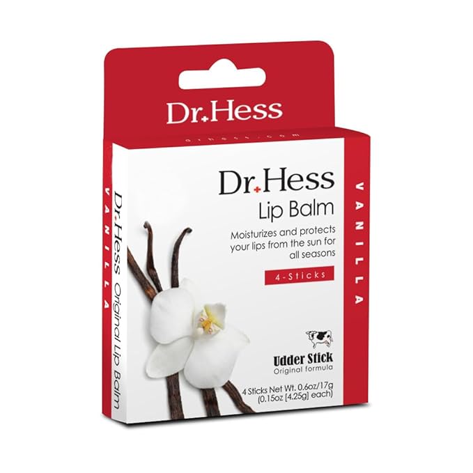 Dr. Hess Original Udder Stick SPF Lip Balm, Soothing Moisturizer Sun Screen Balm for Dry Lips with Jojoba, Beeswax & Shea Butter, Total Lip Care, Hydration & Repair, Vanilla Flavor, 4 Pack