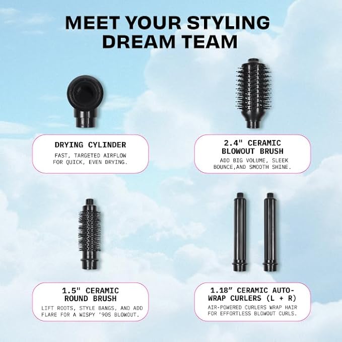 FoxyBae Super Styler Pro Interchangeable Hair Styler Wand Curling Iron Set - w/Drying Cylinder, Ceramic Blowout & Round Brushes, 2 Auto-Wrap Curlers - Frizz-Free, Smooth Hair (Black Rose-Gold)