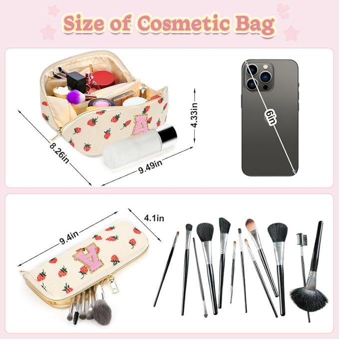 Personalized Travel Makeup Bag Set,Initial Travel Strawberry Makeup Organizer Bag,Toiletry Skincare Cosmetic Bag, Valentine's Day Gifts for Women/Girls/Teen,Open Flat Toiletry Pouch with Brush Bag