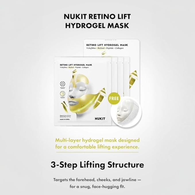 RETINO LIFT HYDROGEL MASK, V-Shape Contouring & Sculpting Face Mask with Collagen & 7 Peptides, Cooling Hydration for Jawline & Chin Support (4 Masks + Band)