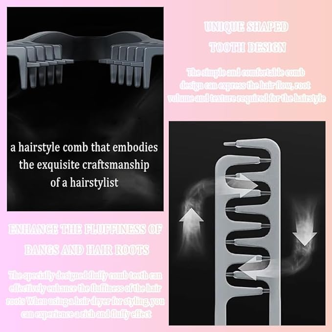 Volugrip Fringe Comb, Textured Styling Comb, Fluffy Curly Hair Comb for Volume & Fringe Parting, Anti-Frizz Styling Tool for Men & Women (Gray + Pink)