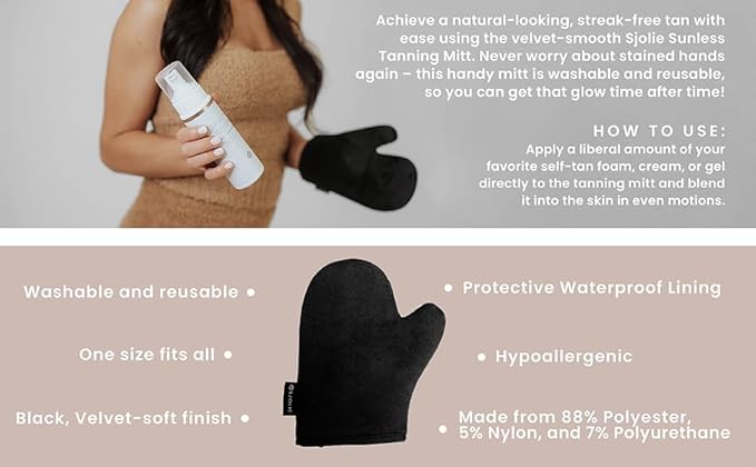 SJOLIE Self Tanner - Express Sunless Tanning Mousse + Mitt Applicator | Medium Dark Color, Streak-Free, Vegan, No Parabens