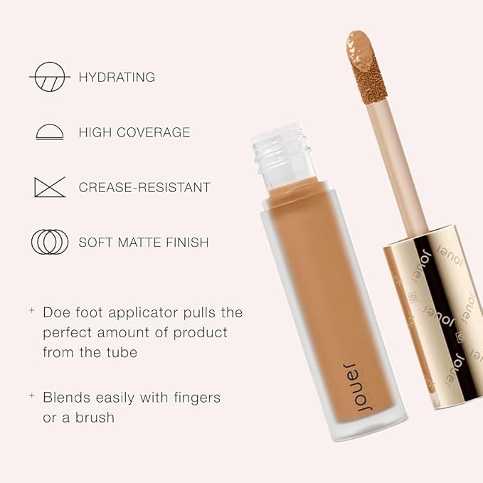 Jouer Essential High Coverage Liquid Concealer - Brightening Concealer - Color Corrector for Under Eye Dark Circles, Spot Coverage, and Eye Primer - Soft Matte Finish, Coffee