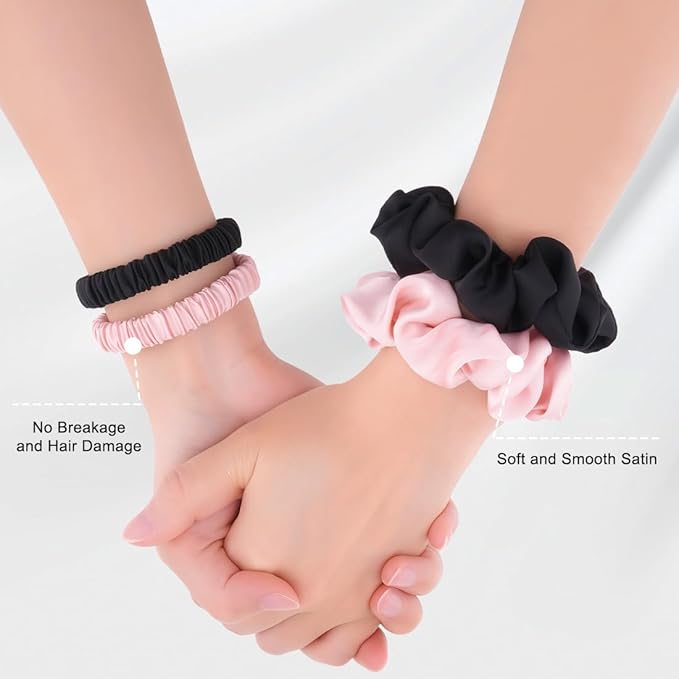4Pcs Satin Silk Scrunchies for Women, Satin Hair Ties No Damage 2 Big & 2 Small, Soft Non-Slip Scrunchie (Fashion Black & Pink)