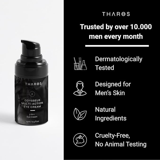 THAROS 3-in-1 Multi-Action Eye Cream for Men, Hydrating and Calming, Hyaluronic Acid, 0.5 fl.oz, Vegan. All Skin Types