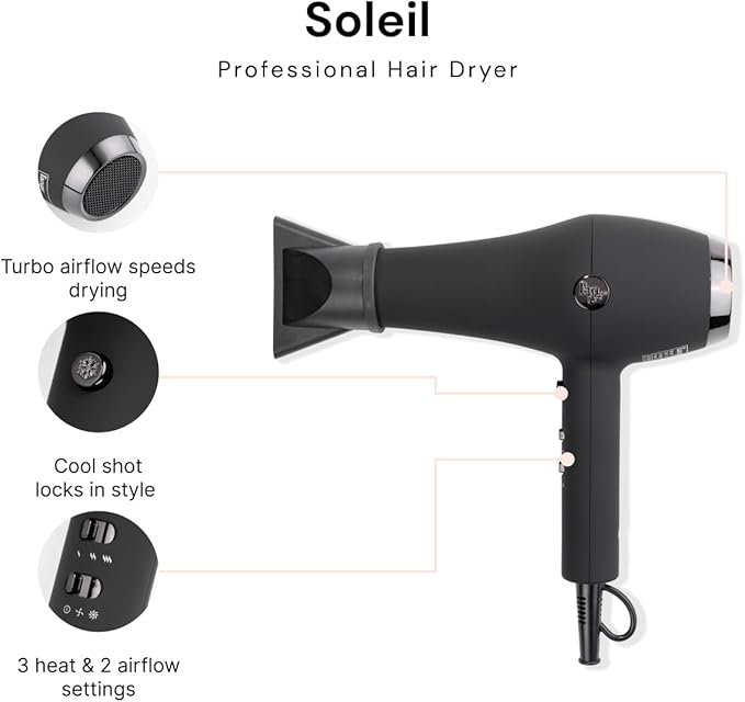 L'ANGE HAIR Soleil Professional Hair Dryer | 3 Heat Settings & 2 Airflow Settings | Cool Shot Locks-in Style | Professional Length Cord | Best Lightweight Hair for Smooth Blowouts (Black)