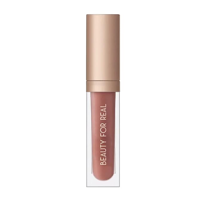 Beauty For Real Lip Gloss + Shine, Nudist - Beige Nude Pink - Non-Sticky Plumping & Hydrating Gloss - Light & Mirror In Cap - Contains Marine Collagen - 0.15 fl oz