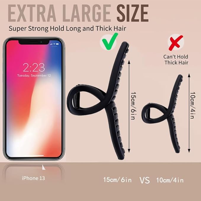 6Inche Extra Large Hair Clips，Claw Clips for Thick Hair and Long Hair, 4 Pack Xl Jumbo Claw clips, Oversized Matte Non-slip Hair Clips for Women, Big Strong Hold Jaw Clip,Neutral Color