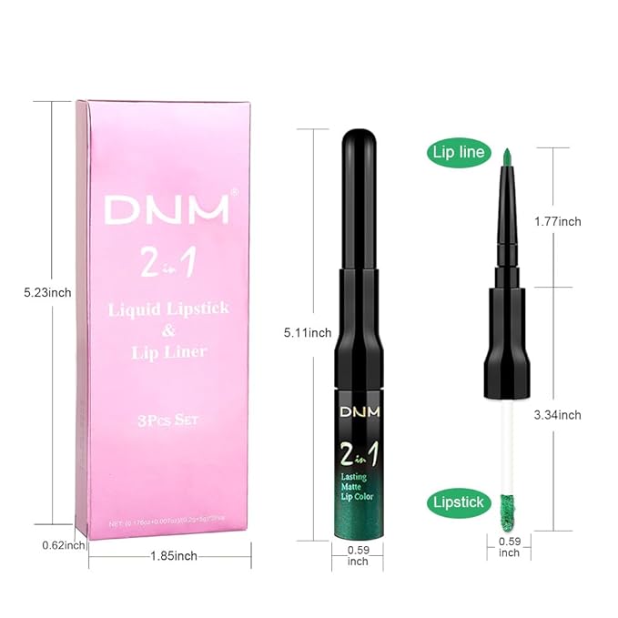 3Pcs 2 in 1 Green Matte Shimmer Lip Liner and Liquid Lipstick Stain Makeup Set for women, Long Lasting Smudge Proof Lip Tint Matte Finish Lip Gloss for All-Day Color Hold Easy to Use, Set25