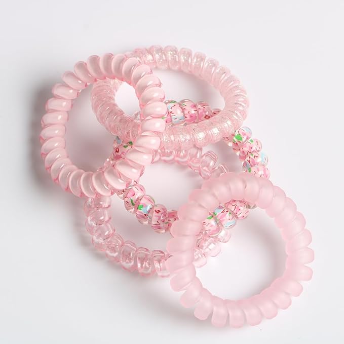 25pcs Spiral Hair Ties,Elastic Coil Hair Tie for Women Girls,No Crease No Damage Telephone Wire Cord Hair Ties for Thick Hair Thin Hair(Pink)