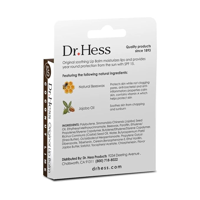 Dr. Hess Original Udder Stick SPF Lip Balm, Soothing Moisturizer Sun Screen Balm for Dry Lips with Jojoba, Beeswax & Shea Butter, Total Lip Care, Hydration & Repair, Coconut-Lime Flavor, 4 Pack