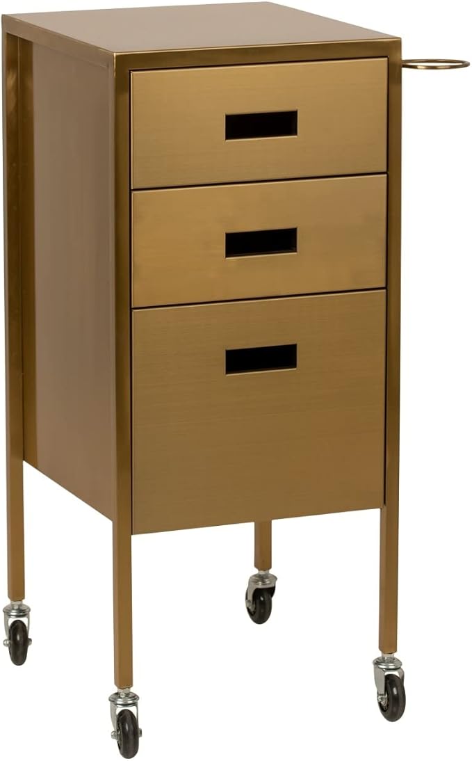Buy-Rite Electra Metallic Styling Trolley in Gold – Durable Metal Salon Station with 3 Large Drawers, Side Appliance Holder, and Industrial Casters for Hot Tools & Hair Styling, CHM-2883-GLD