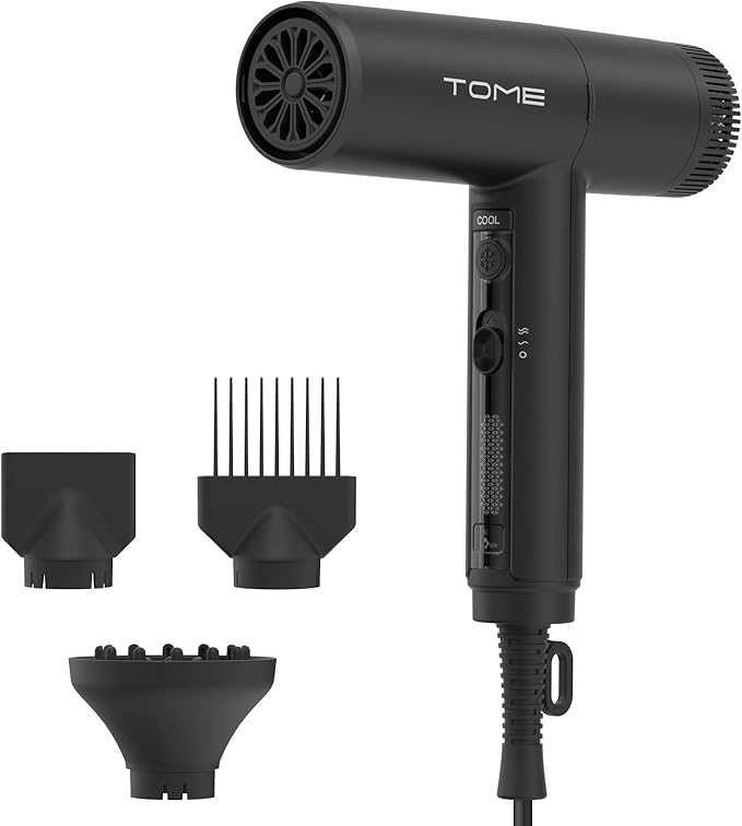 TOME 1875W Hair Dryer High Speed Motor Brushless 110000 RPM Blow Dryer Negative Ionic Cool Shot Lock with Diffuser Comb Nozzle Light Weight Black