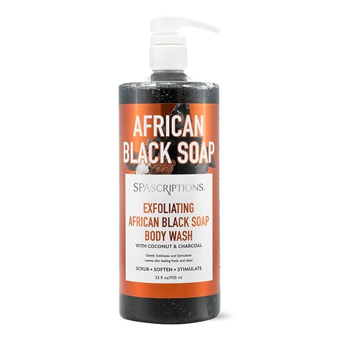 SpaScriptions Exfoliating African Black Soap Body Wash - 32 fl oz Moisturizing Scented Body Scrub with Charcoal & Coconut for Glowing Skin and Gentle Cleansing Natural Exfoliants, Paraben Free